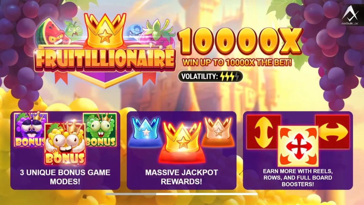 Tampilan antarmuka slot Fruitillionaire dengan karakter buah yang lucu dan koin emas.