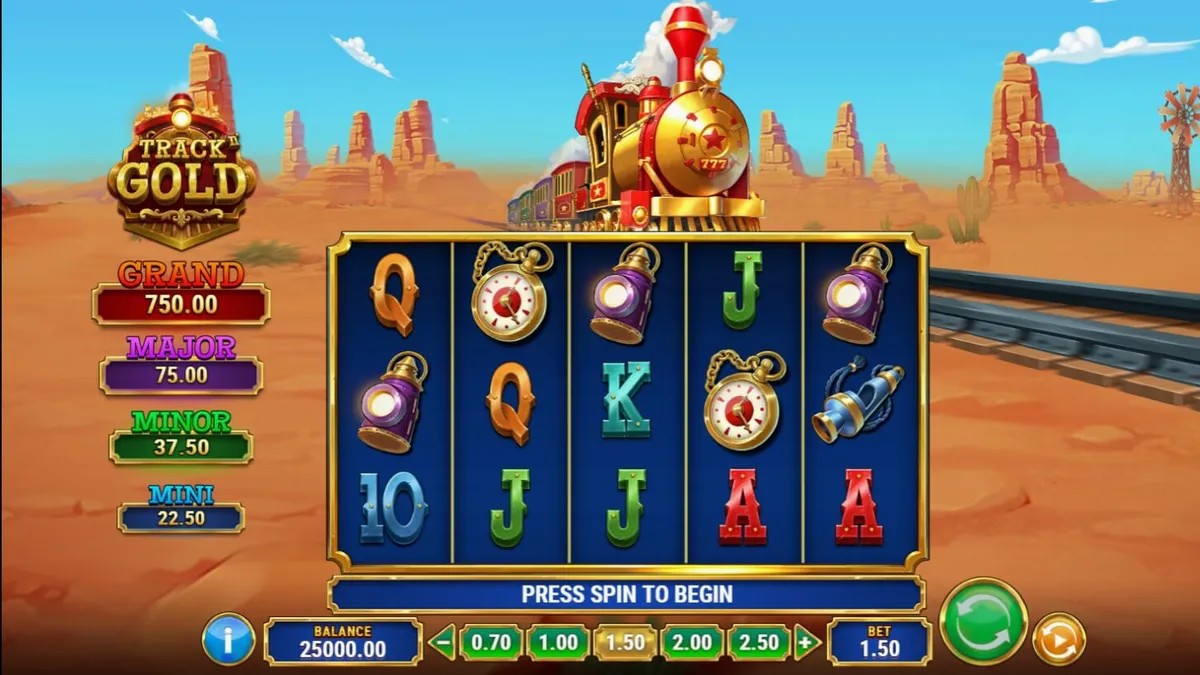 Tampilan visual slot Track’n Gold dengan tema kereta uap dan latar belakang gurun.